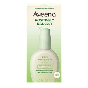 aveeno positively radiant daily facial moisturizer with broad spectrum spf 15 sunscreen & total soy complex for even tone & texture, hypoallergenic, oil-free & non-comedogenic, 4 fl. oz