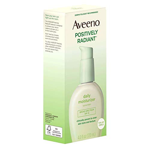 Aveeno Positively Radiant Daily Facial Moisturizer with Broad Spectrum SPF 15 Sunscreen & Total Soy Complex for Even Tone & Texture, Hypoallergenic, Oil-Free & Non-Comedogenic, 4 fl. oz