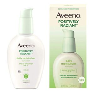 Aveeno Positively Radiant Daily Facial Moisturizer with Broad Spectrum SPF 15 Sunscreen & Total Soy Complex for Even Tone & Texture, Hypoallergenic, Oil-Free & Non-Comedogenic, 4 fl. oz