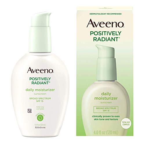 Aveeno Positively Radiant Daily Facial Moisturizer with Broad Spectrum SPF 15 Sunscreen & Total Soy Complex for Even Tone & Texture, Hypoallergenic, Oil-Free & Non-Comedogenic, 4 fl. oz