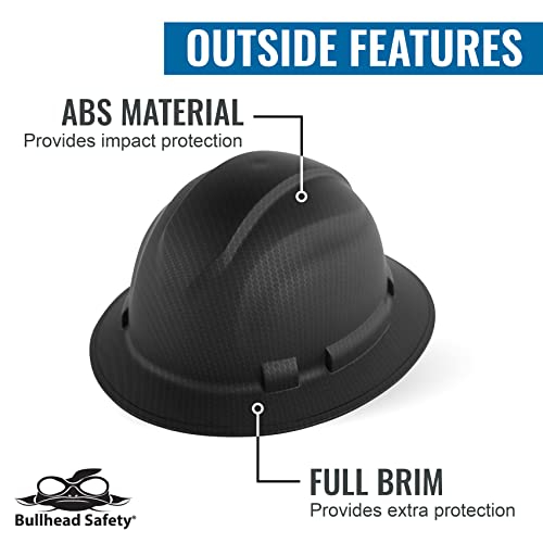 Bullhead Safety Full Brim Hard Hat with Six-Point Ratchet Suspension, Reversible Construction Hard Hat for Safety with Brow Pad and EZ-Click Adjustment, OSHA/ANSI Compliant, Matte Black Graphite