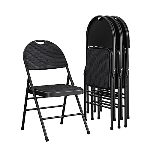 COSCO Essentials Commercial XL Comfort Fabric Padded Metal Folding Chair with Contoured Seat Back, 300 lb. Weight Rating, Triple Braced, 4-Pack, Black