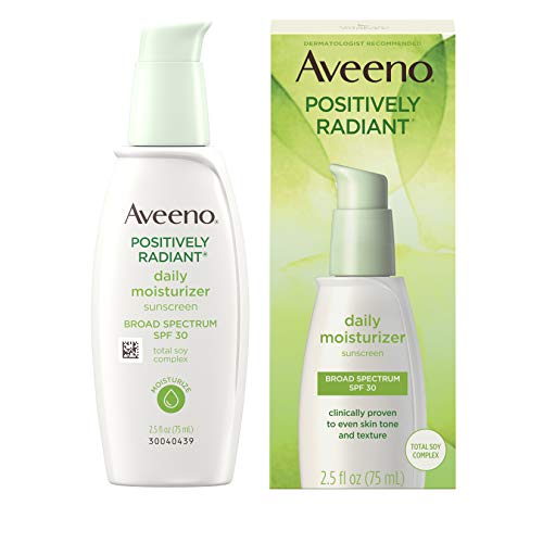 Aveeno Positively Radiant Daily Facial Moisturizer with Total Soy Complex and Broad Spectrum SPF 30 Sunscreen, Oil-Free and Non-Comedogenic, 2.5 fl. oz