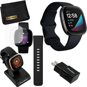 fitbit sense advanced smartwatch (carbon/graphite) with small & large bands, bundle with 3.3foot charge cable, wall adapter, screen protectors & premgear cloth compatible