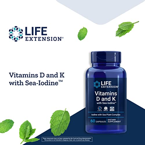 Life Extension Vitamins D and K with Sea-Iodine – Bone, Brain, Thyroid & Arterial Support – Non-GMO, Once Daily, Gluten-Free – 60 Capsules