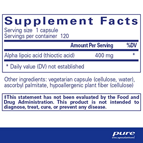 Pure Encapsulations Alpha Lipoic Acid 400 mg | ALA Supplement for Liver Support, Antioxidants, Nerve and Cardiovascular Health, Free Radicals, and Carbohydrate Support* | 120 Capsules