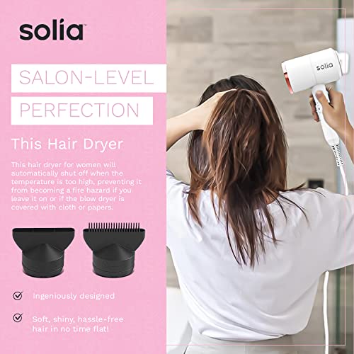 Solia Hair Dryer with Concentrator & Concentrator Comb, 1400W Ionic Blow Dryer, Constant Temperature Prevents Damage, Lightweight Portable Hairdryer ( White Rose)