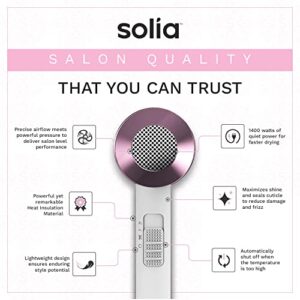 Solia Hair Dryer with Concentrator & Concentrator Comb, 1400W Ionic Blow Dryer, Constant Temperature Prevents Damage, Lightweight Portable Hairdryer ( White Rose)