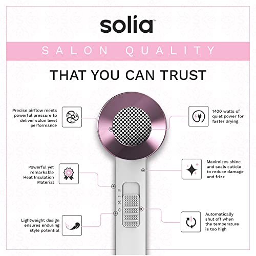 Solia Hair Dryer with Concentrator & Concentrator Comb, 1400W Ionic Blow Dryer, Constant Temperature Prevents Damage, Lightweight Portable Hairdryer ( White Rose)