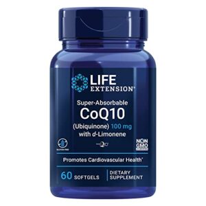 life extension super-absorbable coq10 (ubiquinone) with d-limonene – promotes heart health & cellular energy – gluten free – non-gmo – 100 mg – 60 softgels