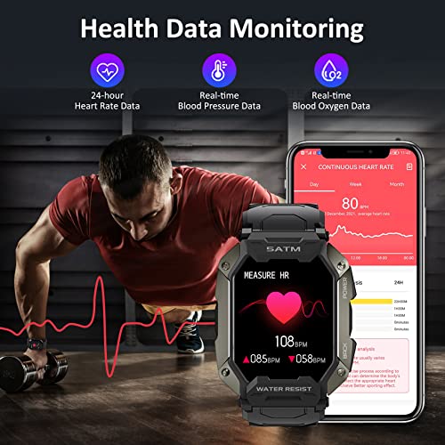 AMAZTIM Smart Watches for MenWomen-5ATM/IP69K Waterproof Fitness Tracker Smart Watch for Android iPhones with Heart Rate Blood Pressure Monitor Watch- 1.71''Tactical Military Sports Smart Watch(Black)