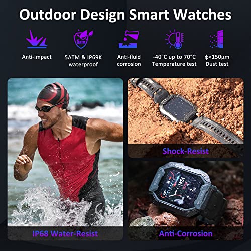 AMAZTIM Smart Watches for MenWomen-5ATM/IP69K Waterproof Fitness Tracker Smart Watch for Android iPhones with Heart Rate Blood Pressure Monitor Watch- 1.71''Tactical Military Sports Smart Watch(Black)