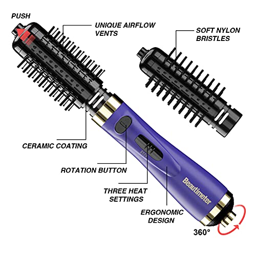 Beautimeter Hair Dryer Brush, 3-in-1 Round Hot Air Spin Brush Kit for Styling and Frizz Control, Negative Ionic Blow Hair Dryer Brush Volumizer, 2 Detachable Auto-Rotating Curling Brush