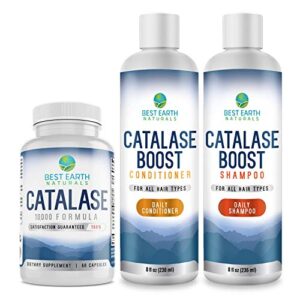 best earth naturals catalase formula starter kit includes 60 capsules of catalase 10,000 supplement,1 full size bottle of catalase shampoo 8 ounces and catalase conditioner 8 ounces
