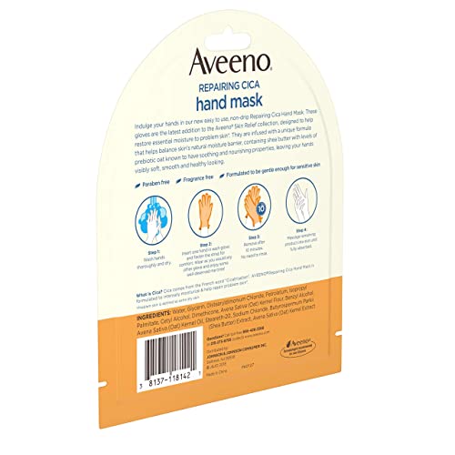 Aveeno Repairing CICA Hand Mask with Prebiotic Oat and Shea Butter for Extra Dry Skin, Paraben-Free and Fragrance-Free, 1 Pair of Single-Use Gloves (Pack of 5)