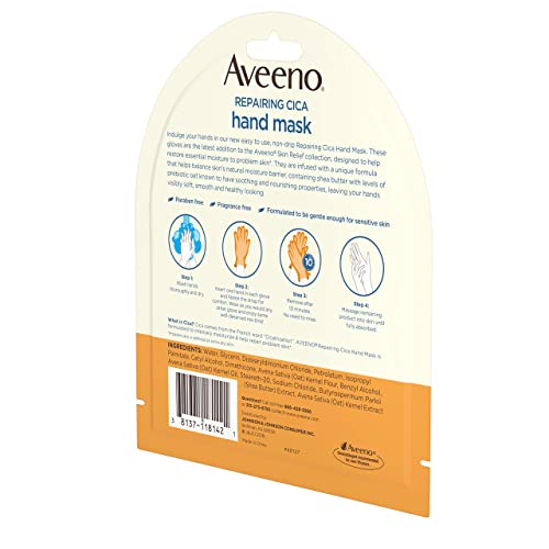 Aveeno Repairing CICA Hand Mask with Prebiotic Oat and Shea Butter for Extra Dry Skin, Paraben-Free and Fragrance-Free, 1 Pair of Single-Use Gloves (Pack of 5)