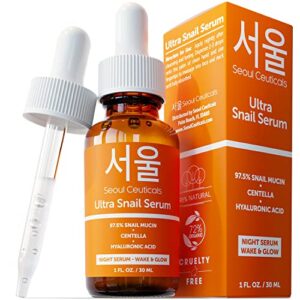 seoulceuticals korean skin care 97.5% snail mucin serum – korean beauty skincare night serum hyaluronic acid for face contains k beauty snail + centella asiatica – potent anti wrinkle serum 1oz