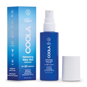 coola organic refreshing water mist face moisturizer with spf 18, dermatologist tested face sunscreen with plant-derived bluescreen digital de-stress technology, 0.85 fl oz