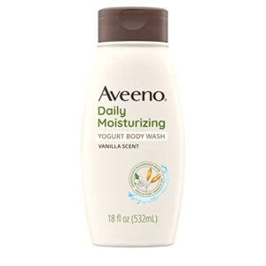 aveeno daily moisturizing yogurt body wash with soothing prebiotic oat & vanilla scent, gentle daily body cleanser nourishes dry skin with moisture, paraben, soap & dye-free, 18 fl. oz (pack of 3)