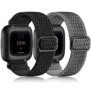 fuleda elastic bands compatible with fitbit versa 2 band women men, 2pack soft adjustable nylon breathable sport band for versa/versa 2/versa lite/se smartwatch loop stretchy wristband, black & gray