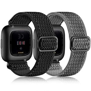 Fuleda Elastic Bands Compatible with Fitbit Versa 2 Band Women Men, 2Pack Soft Adjustable Nylon Breathable Sport Band for Versa/Versa 2/Versa Lite/SE Smartwatch Loop Stretchy Wristband, Black & Gray