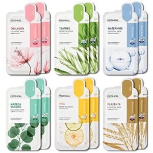 mediheal sheet mask new essential hero 12 pack (collagen, tea tree, placenta, madecassoside, vita, watermide)| korean skincare facial sheet mask combo