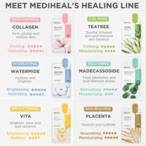 Mediheal Sheet Mask New Essential HERO 12 pack (Collagen, Tea Tree, Placenta, Madecassoside, Vita, Watermide)| Korean Skincare Facial Sheet Mask Combo