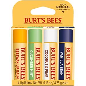 burt’s bees lip balm easter basket stuffers, moisturizing lip care spring gift, for all day hydration, 100% natural, original beeswax, cucumber mint, coconut & pear & vanilla (4 pack)