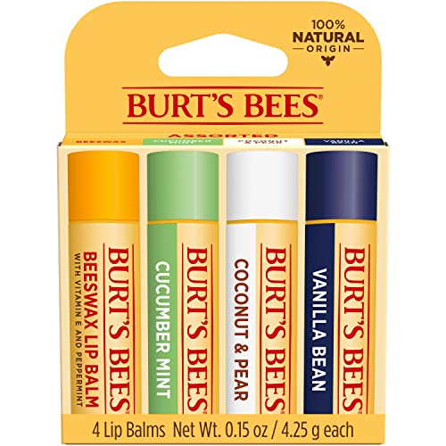 Burt's Bees Lip Balm Easter Basket Stuffers, Moisturizing Lip Care Spring Gift, for All Day Hydration, 100% Natural, Original Beeswax, Cucumber Mint, Coconut & Pear & Vanilla (4 Pack)