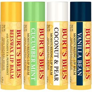 Burt's Bees Lip Balm Easter Basket Stuffers, Moisturizing Lip Care Spring Gift, for All Day Hydration, 100% Natural, Original Beeswax, Cucumber Mint, Coconut & Pear & Vanilla (4 Pack)