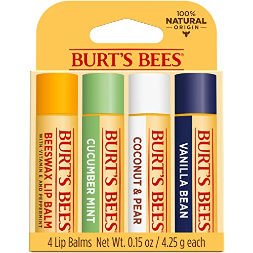 Burt's Bees Lip Balm Easter Basket Stuffers, Moisturizing Lip Care Spring Gift, for All Day Hydration, 100% Natural, Original Beeswax, Cucumber Mint, Coconut & Pear & Vanilla (4 Pack)