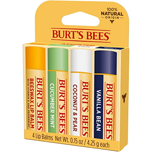 Burt's Bees Lip Balm Easter Basket Stuffers, Moisturizing Lip Care Spring Gift, for All Day Hydration, 100% Natural, Original Beeswax, Cucumber Mint, Coconut & Pear & Vanilla (4 Pack)