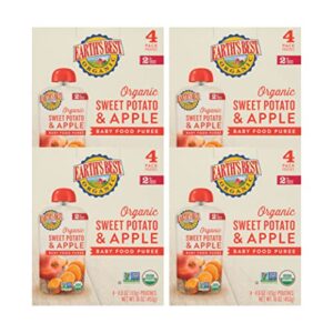 earth’s best organic baby food pouches, stage 2 fruit and vegetable puree for babies 6 months and older, organic sweet potato and apple puree, 4 oz resealable pouch (pack of 16)