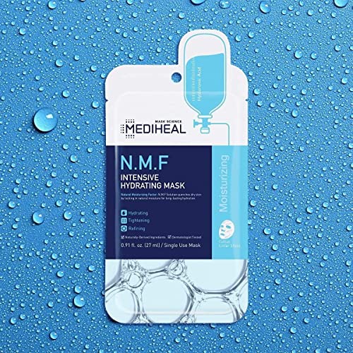 MEDIHEAL Official [Korea's No 1 Sheet Mask] - 10 Pack N.M.F Intensive Hydrating Mask/Ultra Moisturizing & Soothing 100% Cotton Sheet Facial Mask, NMF & Hyaluronic Acid & Witch Hazel Contained