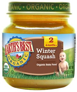 earth’s best organic baby food jars, stage 2 vegetable puree for babies 6 months and older, organic winter squash, 4 oz resealable glass jar (pack of 12)