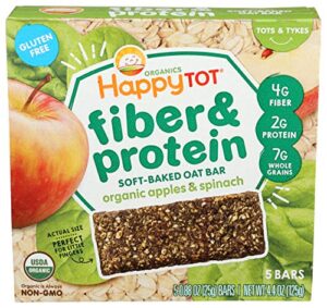 happy tot organics fiber & protein soft-baked oat organic toddler snack apple & spinach, organic gluten free kosher non-gmo, 4.4 ounce bars (pack of 5)