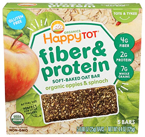 Happy Tot Organics Fiber & Protein Soft-Baked Oat Organic Toddler Snack Apple & Spinach, Organic Gluten Free Kosher Non-GMO, 4.4 Ounce Bars (pack of 5)