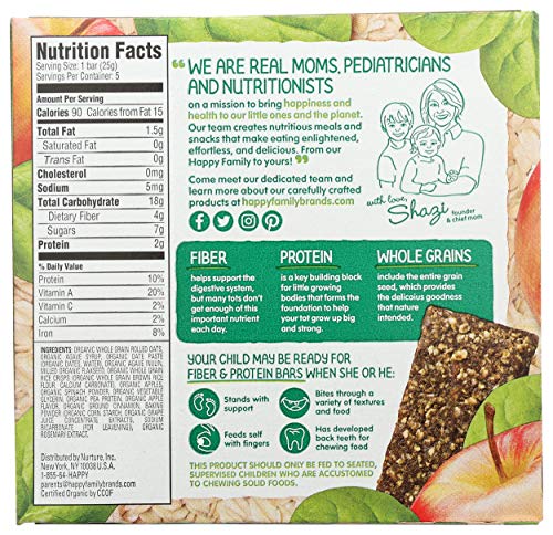 Happy Tot Organics Fiber & Protein Soft-Baked Oat Organic Toddler Snack Apple & Spinach, Organic Gluten Free Kosher Non-GMO, 4.4 Ounce Bars (pack of 5)
