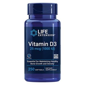life extension vitamin d3 25 mcg (1000 iu) – promotes bone health, brain health an immune function – non-gmo – gluten-free – 250 softgels