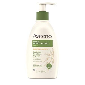 aveeno daily moisturizing body lotion with broad spectrum spf 15 sunscreen, soothing oat & rich emollients to nourish dry skin, non-greasy, 12 fl. oz