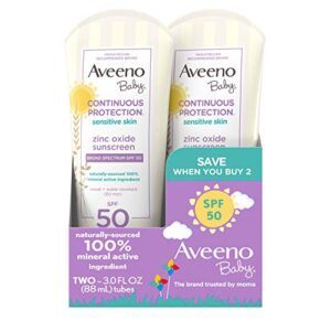 aveeno baby continuous protection zinc oxide mineral sunscreen lotion for sensitive skin, broad spectrum spf 50, paraben- & tear-free, sweat- & water-resistant, travel-size, 2 x 3 fl. oz