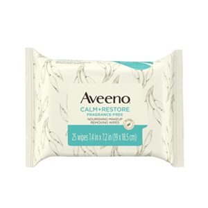 aveeno calm + restore nourishing makeup remover face wipes, 100% plant-based cloth, fragrance-free facial towelettes with oat extract & calming feverfew, hypoallergenic, 25 ct