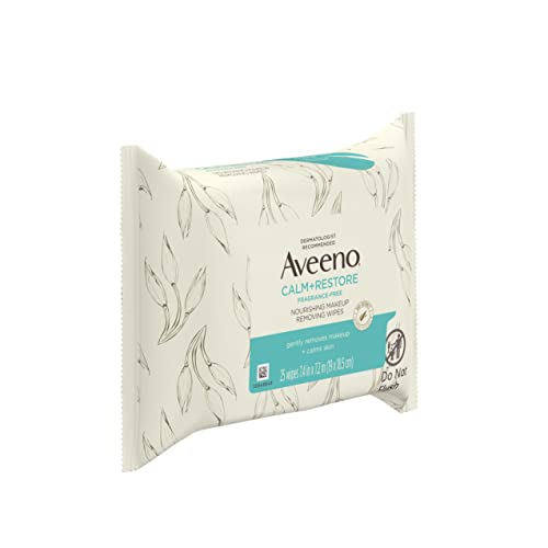 Aveeno Calm + Restore Nourishing Makeup Remover Face Wipes, 100% Plant-Based Cloth, Fragrance-Free Facial Towelettes with Oat Extract & Calming Feverfew, Hypoallergenic, 25 ct