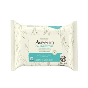 Aveeno Calm + Restore Nourishing Makeup Remover Face Wipes, 100% Plant-Based Cloth, Fragrance-Free Facial Towelettes with Oat Extract & Calming Feverfew, Hypoallergenic, 25 ct