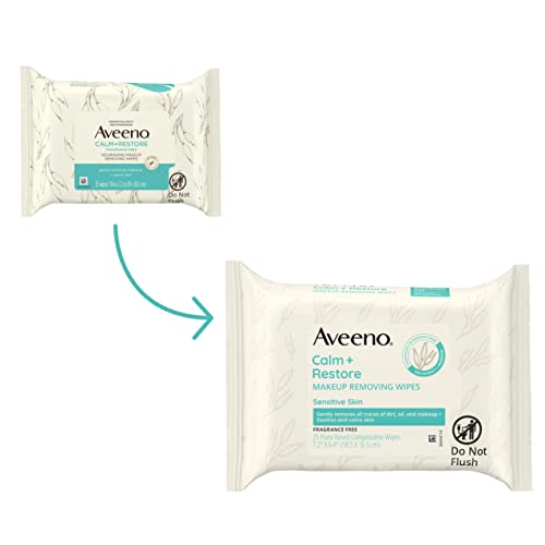 Aveeno Calm + Restore Nourishing Makeup Remover Face Wipes, 100% Plant-Based Cloth, Fragrance-Free Facial Towelettes with Oat Extract & Calming Feverfew, Hypoallergenic, 25 ct