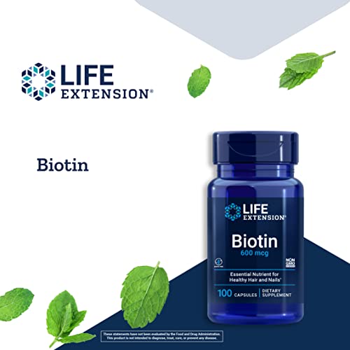 Life Extension Biotin 600 mcg Vitamin B7 Support Supplement for Beautiful Hair, Nails & Beyond – Gluten-Free, Non-GMO - 100 Capsules