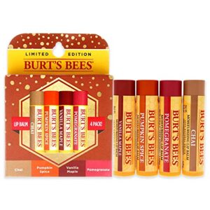 burts bees 100% natural moisturizing lip balm, winter variety pack, chai tea, pumpkin spice, vanilla maple, pomegranate, 4 tubes of lip balm, 0.15 ounce (pack of 4)