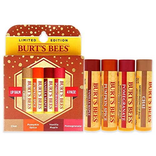 Burts Bees 100% Natural Moisturizing Lip Balm, Winter Variety Pack, Chai Tea, Pumpkin Spice, Vanilla Maple, Pomegranate, 4 Tubes of Lip Balm, 0.15 Ounce (Pack of 4)