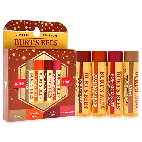 Burts Bees 100% Natural Moisturizing Lip Balm, Winter Variety Pack, Chai Tea, Pumpkin Spice, Vanilla Maple, Pomegranate, 4 Tubes of Lip Balm, 0.15 Ounce (Pack of 4)