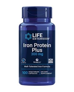 life extension iron protein plus – highly absorbable form of irons supplement for red blood cell & protein production – once daily – gluten-free, non-gmo, vegetarian – 100 capsules